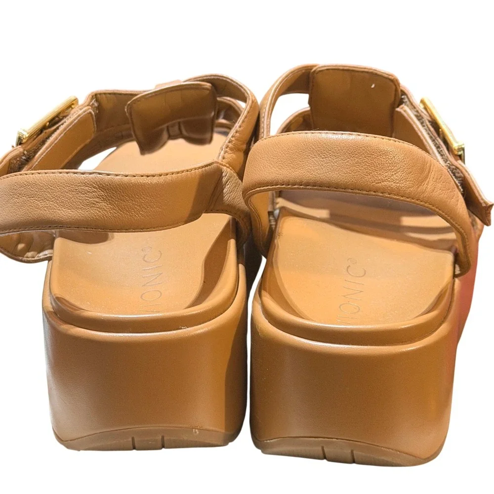 Vionic Delano Platform Sandal Womens 7 Tan Leather Fisherman Orthotic Comfort
